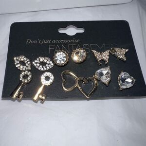 Fantaseyes Set of Six Gold Tone and CZ Charm Earrings